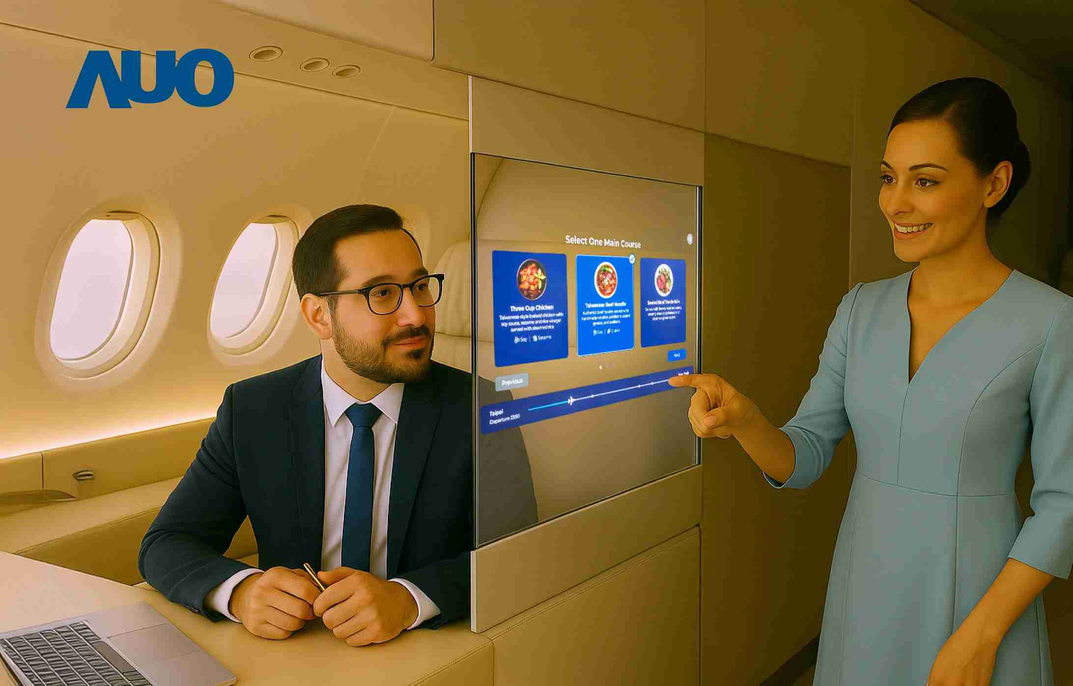 牛牛游戏研发全球最薄17.3 吋双面透明 Micro LED 显示器，，，可在同一屏幕之双边投射不同信息，，，创造独特的”透明化”互动；图为实时翻译交流应用情境